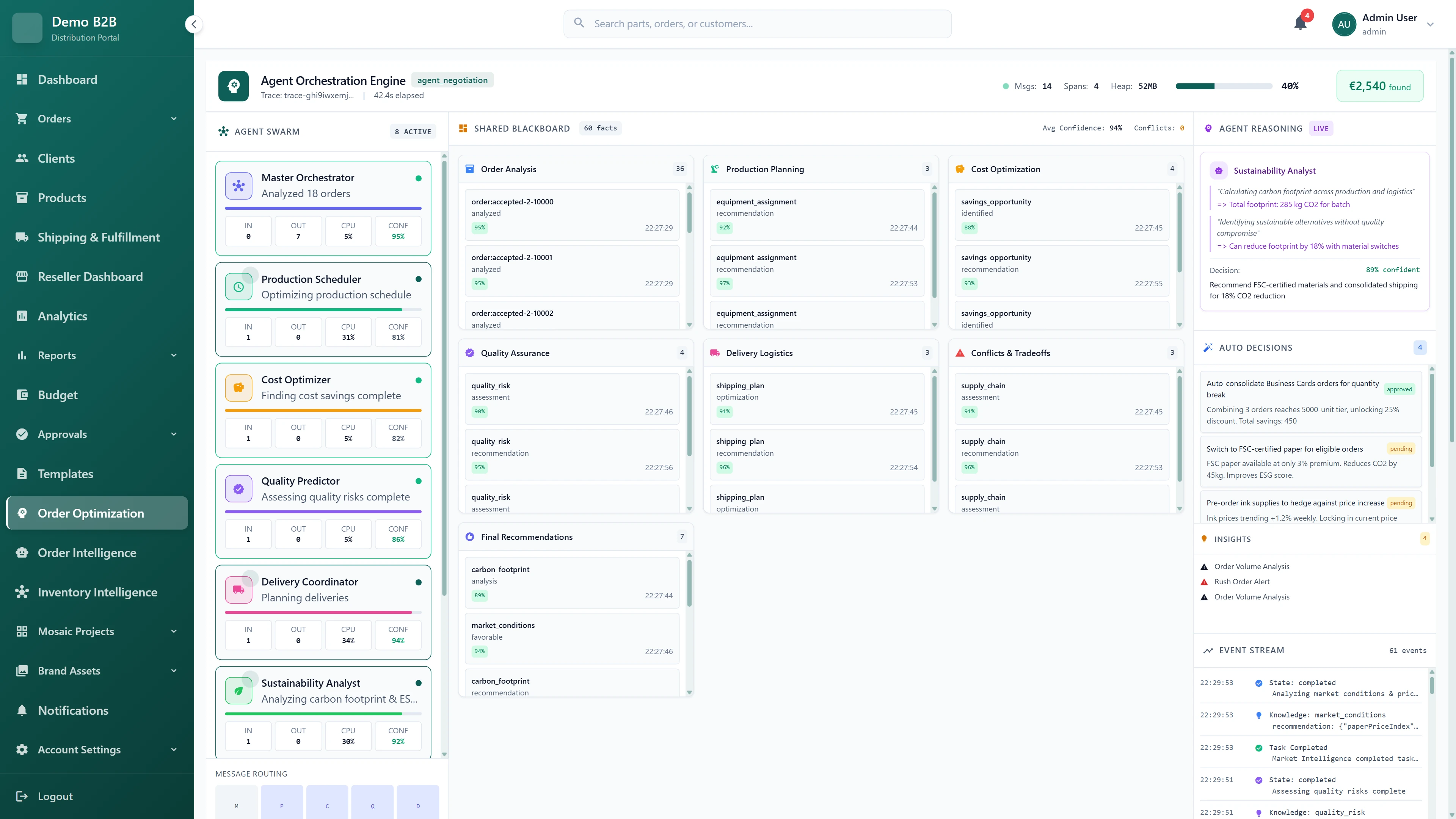 Agent Orchestration Engine with 8 active agents on shared blackboard displaying real-time order analysis, production planning, cost optimization, quality assurance, delivery logistics, and live AI reasoning with automated decisions and conflict resolution